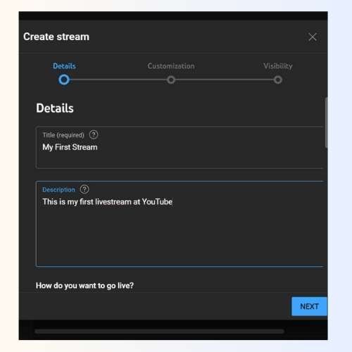 Step 5a - Fill details of your stream - Guide on How to Enable Live Streaming on YT- Blog - VSWORLD