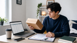 Young adult comparing a delivery with a monthly budget at a desk