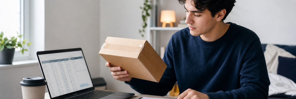 Young adult comparing a delivery with a monthly budget at a desk